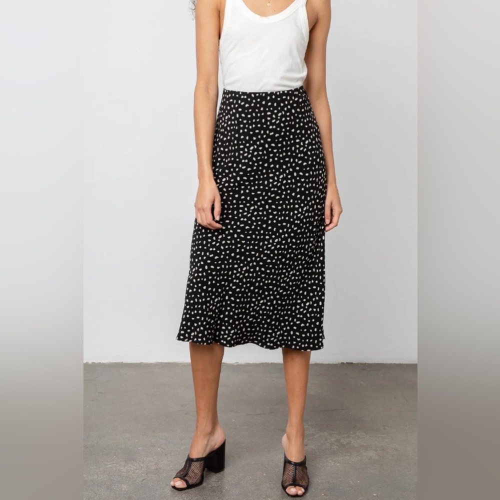 NWT Rails Black & Ivory Spotted Midi Skirt Silk-Feel Draped S Effortless Staple